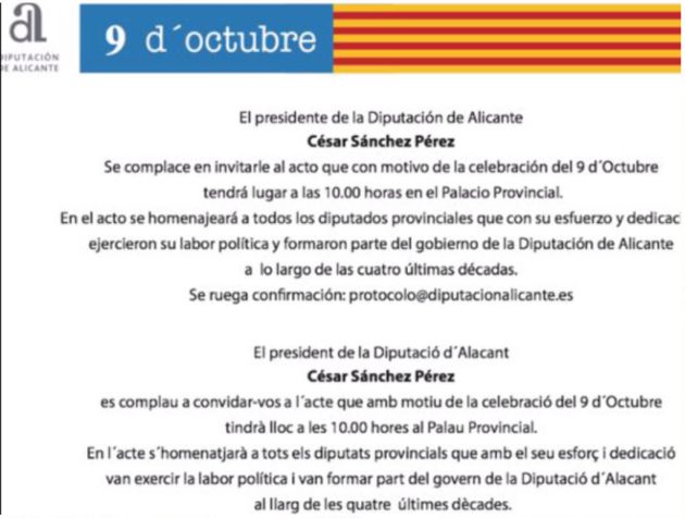 El PSPV tacha de “desleal” el acto del 9 d'Octubre organizado por la Diputación de Alicante El PSPV tacha de “desleal” el acto del 9 d'Octubre organizado por la Diputación de Alicante