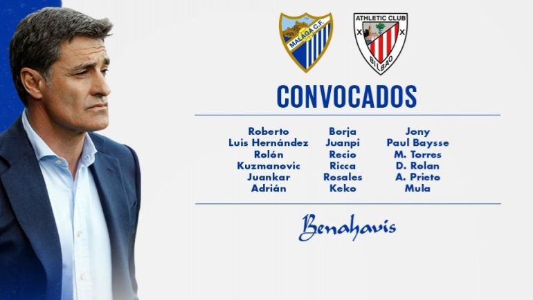 Lista de convocados del Málaga de Míchel González para jugar contra el Athletic Club de Bilbao: Juankar y Torres, recuperados y Cifu, Diego, Chory y Ontiveros, fuera Lista de convocados del Málaga de Míchel González para jugar contra el Athletic Club de Bilbao: Juankar y Torres, recuperados y Cifu, Diego, Chory y Ontiveros, fuera