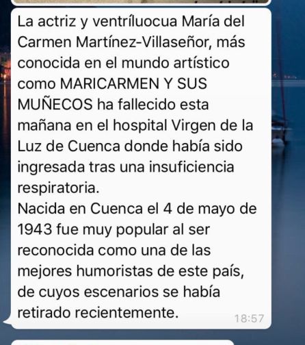 Mensaje de WhatsApp con la falsa noticia de la humorista. Mensaje de WhatsApp con la falsa noticia de la humorista.