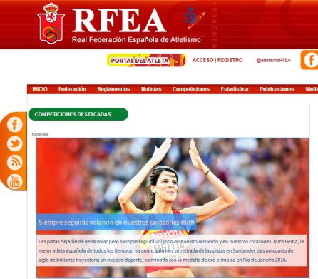 La página web de la Federación Española de Atletismo agradece a Ruth Beitia su trayectoria y su ejemplo para los más jóvenes. La página web de la Federación Española de Atletismo agradece a Ruth Beitia su trayectoria y su ejemplo para los más jóvenes.