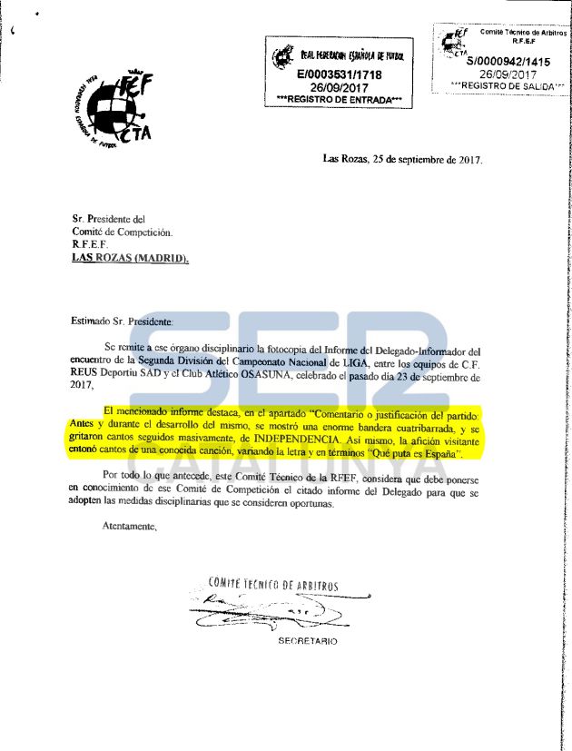 El Comitè de Competició va obrir expedient al Reus per la senyera i per càntics d'independència El Comitè de Competició va obrir expedient al Reus per la senyera i per càntics d'independència