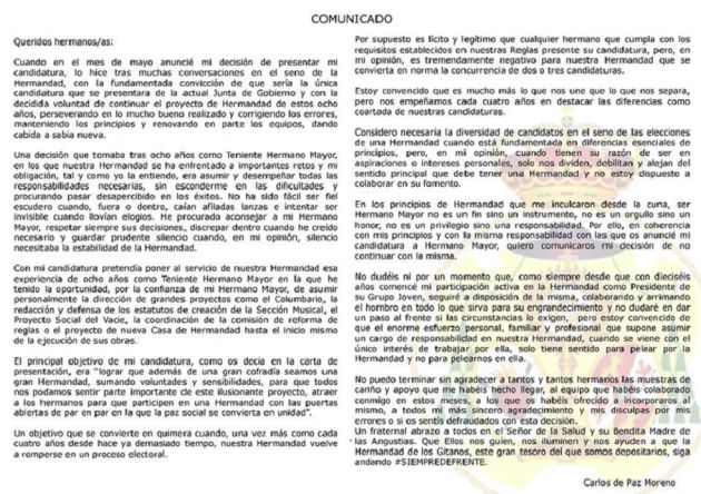 Carlos de Paz renuncia a ser candidato a hermano mayor de Los Gitanos: Carlos de Paz renuncia a ser candidato a hermano mayor de Los Gitanos Carlos de Paz renuncia a ser candidato a hermano mayor de Los Gitanos: Carlos de Paz renuncia a ser candidato a hermano mayor de Los Gitanos