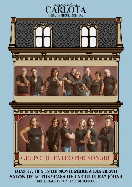 Cartel anunciador de las representaciones del grupo de teatro aficionado local 'Per-Sonare' de la obra 'Carlota' Cartel anunciador de las representaciones del grupo de teatro aficionado local 'Per-Sonare' de la obra 'Carlota'