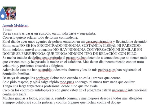 El atleta Ayoub Mokhtar defiende su inocencia tras ser detenido en Guadalajara una operación contra el tráfico de sustancias dopantes: Ayoub Mokhtar defiende su inocencia tras ser detenido en Guadalajara en la operación antidopaje El atleta Ayoub Mokhtar defiende su inocencia tras ser detenido en Guadalajara una operación contra el tráfico de sustancias dopantes: Ayoub Mokhtar defiende su inocencia tras ser detenido en Guadalajara en la operación antidopaje