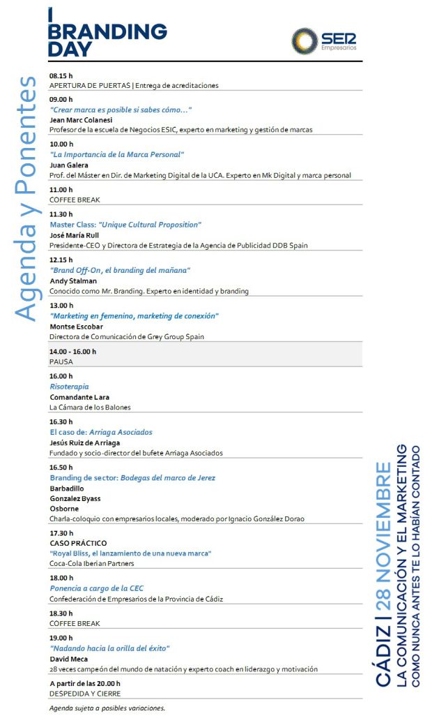 Horarios del I Branding Day de Cádiz Horarios del I Branding Day de Cádiz