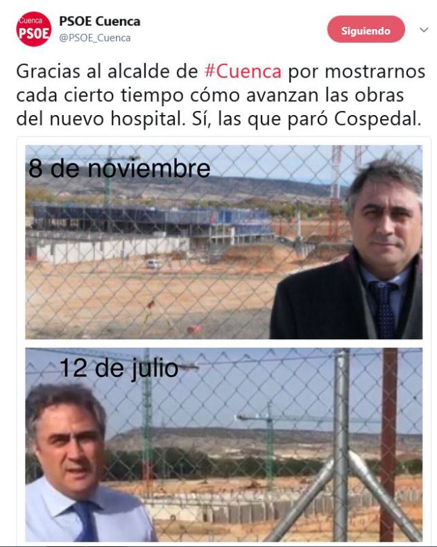 Cuenca: La irónica respuesta del PSOE en Twitter a las críticas del alcalde sobre el hospital Cuenca: La irónica respuesta del PSOE en Twitter a las críticas del alcalde sobre el hospital