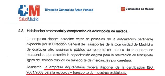 Imagen del Pliego de Condiciones Técnicas exigido por la Consejería de Sanidad Imagen del Pliego de Condiciones Técnicas exigido por la Consejería de Sanidad
