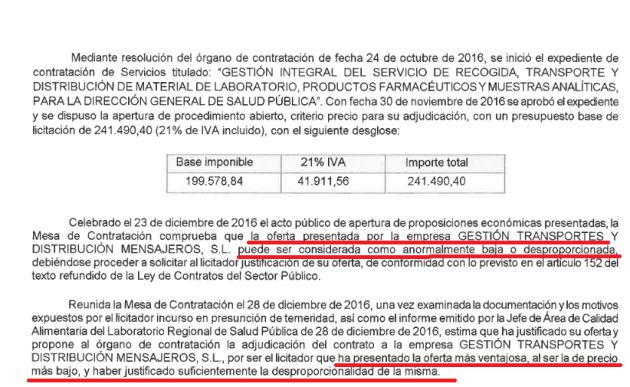 Imagen de la resolución de la adjudicación donde se reconoce que la baja la temeraria fue justificada Imagen de la resolución de la adjudicación donde se reconoce que la baja la temeraria fue justificada