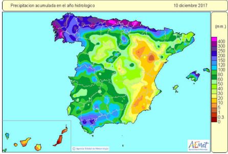 Precipitación acumulada en el año hidrológico a fecha de 10 de diciembre según la AEMET Precipitación acumulada en el año hidrológico a fecha de 10 de diciembre según la AEMET