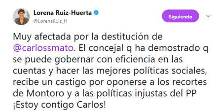Las críticas de Lorena Ruiz-Huerta al cese de Mato molestan a la dirección de Podemos Las críticas de Lorena Ruiz-Huerta al cese de Mato molestan a la dirección de Podemos