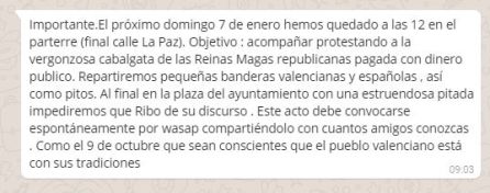 El mensaje difundido por los grupos de ultraderecha a través de Whatsapp El mensaje difundido por los grupos de ultraderecha a través de Whatsapp