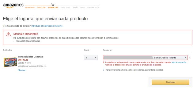 Mensaje que aparece cuando se trata de comprar el Monopoly desde Canarias Mensaje que aparece cuando se trata de comprar el Monopoly desde Canarias