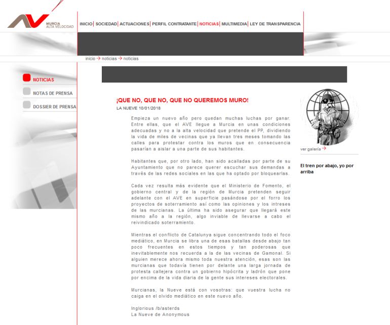 Hackean la web de Murcia alta velocidad con un mensaje pro-soterramiento Hackean la web de Murcia alta velocidad con un mensaje pro-soterramiento