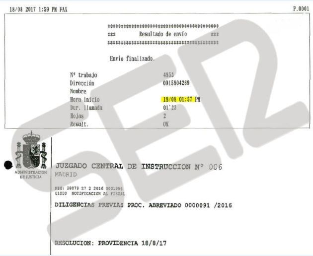 Imagen del registro del Fax enviado por la Audiencia Nacional a los letrados de la Comunidad de Madrid con la providencia del Juez Andreu, que ya en agosto dio vía libre al Gobierno de Cifuentes para entregar las actas del Canal de Isabel II porque no estaban protegidas bajo secreto de sumario Imagen del registro del Fax enviado por la Audiencia Nacional a los letrados de la Comunidad de Madrid con la providencia del Juez Andreu, que ya en agosto dio vía libre al Gobierno de Cifuentes para entregar las actas del Canal de Isabel II porque no estaban protegidas bajo secreto de sumario
