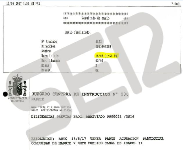 Imagen del registro del Fax enviado por la Audiencia Nacional a los abogados de la Comunidad de Madrid, el mismo día 18 de agosto, para notificarles el auto en el que aceptan su personación en la causa del Caso Lezo Imagen del registro del Fax enviado por la Audiencia Nacional a los abogados de la Comunidad de Madrid, el mismo día 18 de agosto, para notificarles el auto en el que aceptan su personación en la causa del Caso Lezo