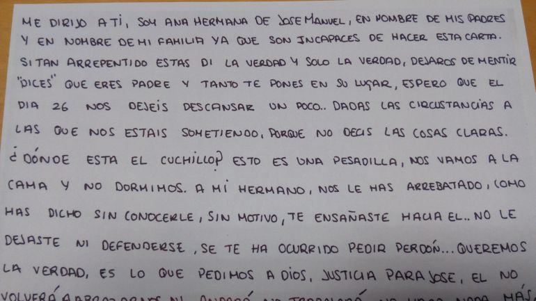 Fragmento de la carta que Ana Gutiérrez ha enviado al detenido por la muerte de su hermano Fragmento de la carta que Ana Gutiérrez ha enviado al detenido por la muerte de su hermano