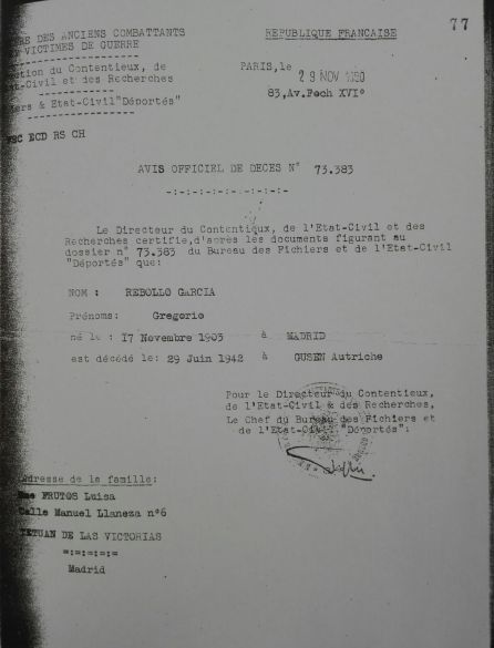Acta de Defunción de Gregorio Rebollo extendida por la República Francesa en 1950. Figura como deportado muerto en el Campo de Concentración Mauthausen-Gusen Acta de Defunción de Gregorio Rebollo extendida por la República Francesa en 1950. Figura como deportado muerto en el Campo de Concentración Mauthausen-Gusen