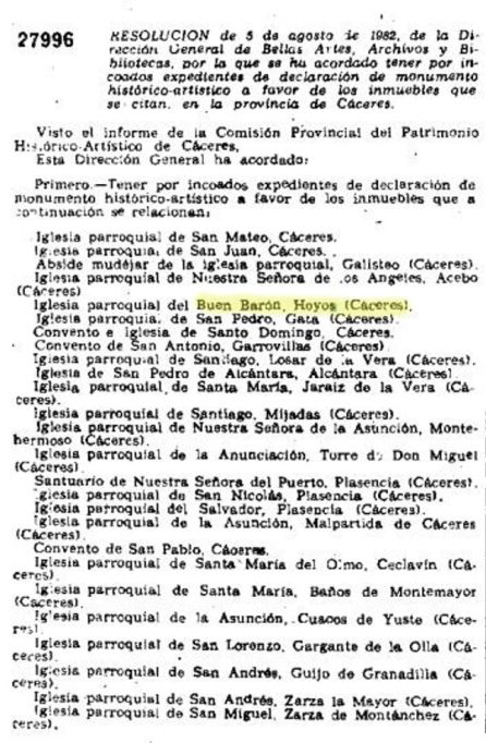 Publicación del BOE de octubre de 1982 donde se lee "IGlesia del Buen Barón" Publicación del BOE de octubre de 1982 donde se lee "IGlesia del Buen Barón"