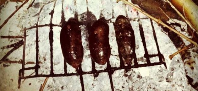 Asando chorizos. Asando chorizos.