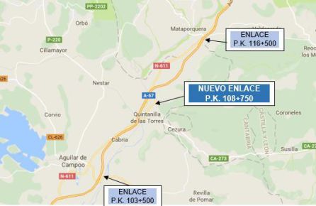 Fomento aprueba el proyecto para la construcción de un nuevo enlace en el PK 108+750 de la autovía A-67 Fomento aprueba el proyecto para la construcción de un nuevo enlace en el PK 108+750 de la autovía A-67