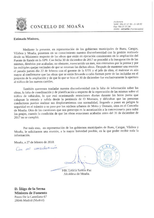 Carta de los gobiernos de Bueu, Cangas, Moaña y Vilaboa al ministro de Fomento. Carta de los gobiernos de Bueu, Cangas, Moaña y Vilaboa al ministro de Fomento.
