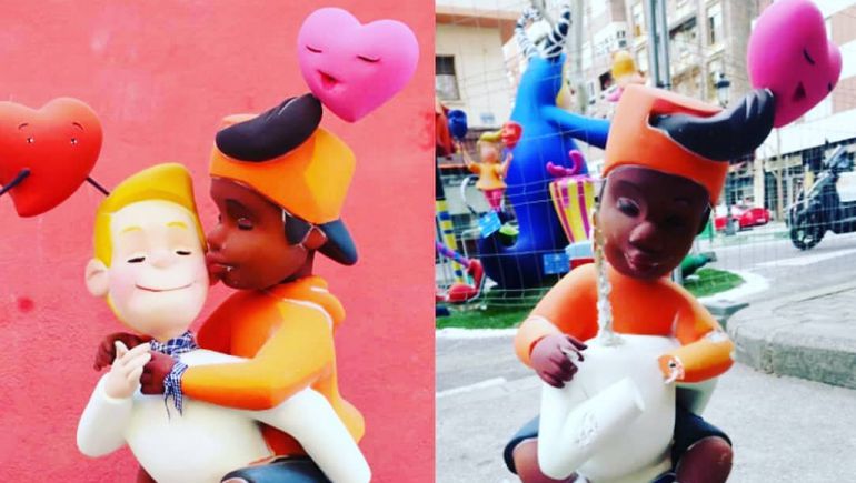 Destrozan un ninot de dos chicos besándose de la falla l'Amistat en Valencia Destrozan un ninot de dos chicos besándose de la falla l'Amistat en Valencia