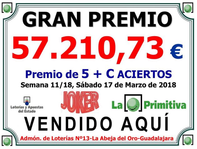 Premio de 57.000 euros en la Lotería Primitiva del sábado sellado en Guadalajara: La lotería primitiva deja un "pellizco" de 57.000 euros en Guadalajara Premio de 57.000 euros en la Lotería Primitiva del sábado sellado en Guadalajara: La lotería primitiva deja un "pellizco" de 57.000 euros en Guadalajara