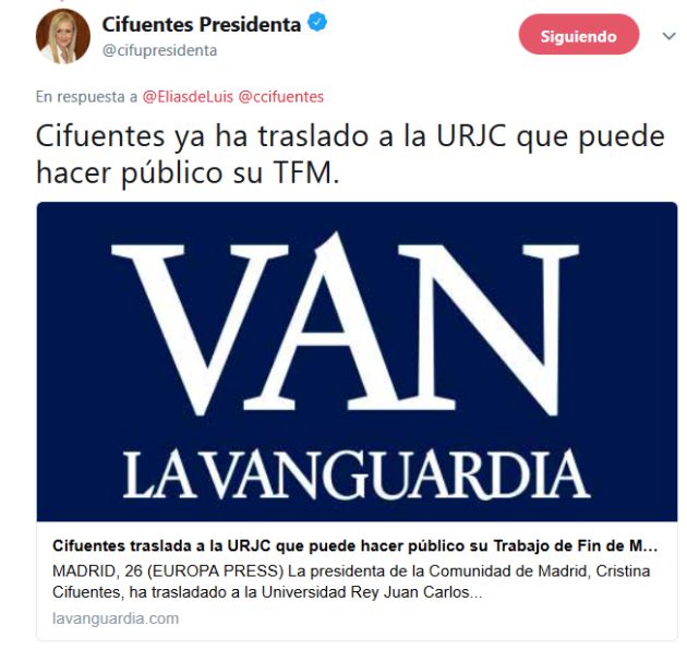 La Universidad no ha recibido la autorización para hacer público el trabajo de Cifuentes La Universidad no ha recibido la autorización para hacer público el trabajo de Cifuentes