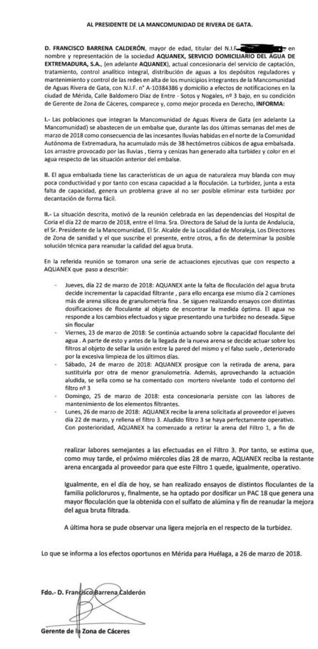 Informe de la emrpesa de abastecimiento de agua hecho público por el Ayuntamiento de Moraleja Informe de la emrpesa de abastecimiento de agua hecho público por el Ayuntamiento de Moraleja