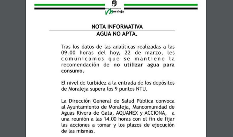Nota informativa del Ayuntamiento de Moraleja indicando que el agua del grifo sigue sin ser apta para el consumo humano Nota informativa del Ayuntamiento de Moraleja indicando que el agua del grifo sigue sin ser apta para el consumo humano