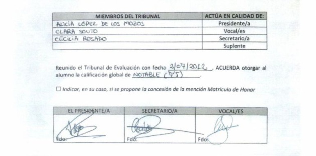 Acta del trabajo fin de máster de Cifuentes aportado por la propia presidenta. Acta del trabajo fin de máster de Cifuentes aportado por la propia presidenta.