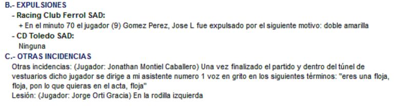 Extracto del acta del partido Racing de Ferrol-Toledo Extracto del acta del partido Racing de Ferrol-Toledo