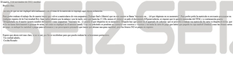 Mail de Cecilia Rosado del 6 de noviembre de 2012. Mail de Cecilia Rosado del 6 de noviembre de 2012.