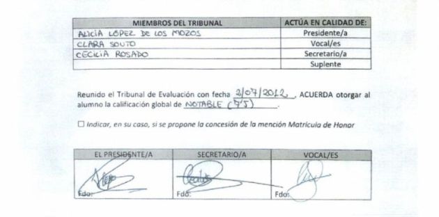 Acta del trabajo fin de máster de Cifuentes aportado por la propia presidenta. Acta del trabajo fin de máster de Cifuentes aportado por la propia presidenta.