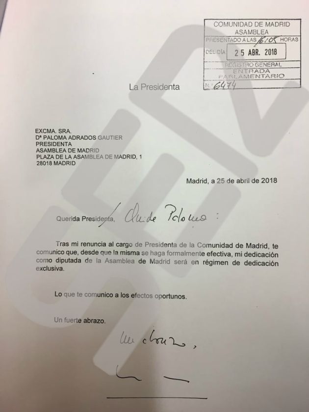 Cifuentes se queda como Diputada con dedicación exclusiva Cifuentes se queda como Diputada con dedicación exclusiva