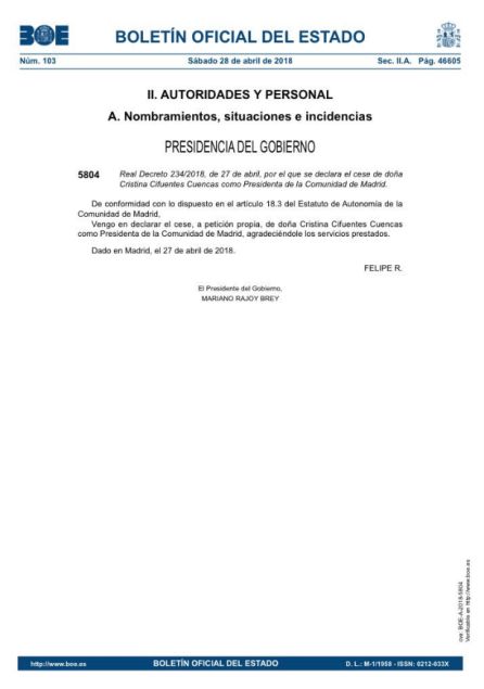 El BOE publica el cese de Cristina Cifuentes El BOE publica el cese de Cristina Cifuentes