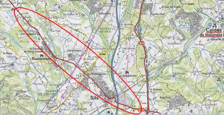 Zona d'afectació de la variant conjunta de Sils i Riudarenes. Zona d'afectació de la variant conjunta de Sils i Riudarenes.
