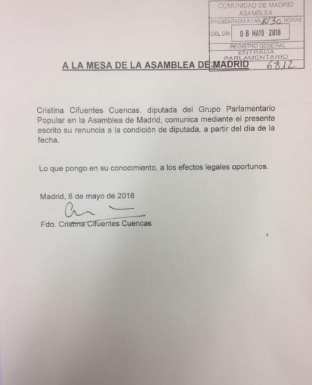 Carta de renuncia de Cristina Cifuentes Carta de renuncia de Cristina Cifuentes