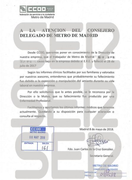 Escrito de Comisiones Obreras a la dirección de Metro de Madrid para que reconoza el caso como Enfermedad Profesional. Escrito de Comisiones Obreras a la dirección de Metro de Madrid para que reconoza el caso como Enfermedad Profesional.