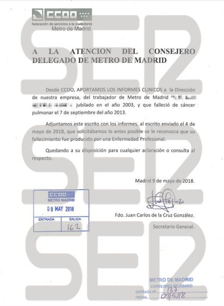 Escrito de Comisiones Obreras a la dirección de Metro de Madrid para que reconozca el caso como Enfermedad Profesional. Escrito de Comisiones Obreras a la dirección de Metro de Madrid para que reconozca el caso como Enfermedad Profesional.