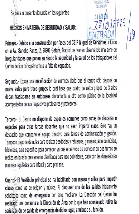 Comisiones Obreras denuncia a la Inspección de Trabajo las irregularidades en el Colegio Miguel de Cervantes de Getafe Comisiones Obreras denuncia a la Inspección de Trabajo las irregularidades en el Colegio Miguel de Cervantes de Getafe