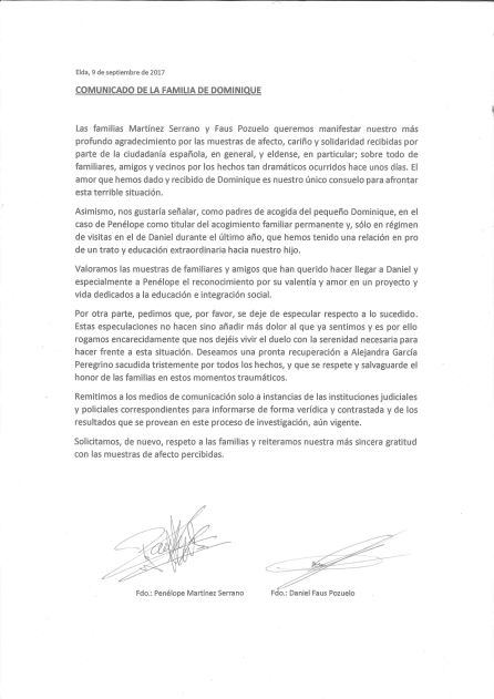 Comunicado de la familia tras los hechos Comunicado de la familia tras los hechos