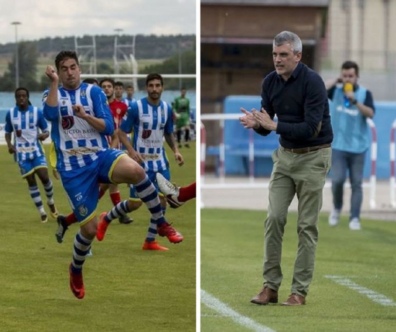 El delantero talaverano, Adeva (i) y el técnico burgalés, De los Mozos, en el partido ante los almerienses en El Montecillo. El delantero talaverano, Adeva (i) y el técnico burgalés, De los Mozos, en el partido ante los almerienses en El Montecillo.