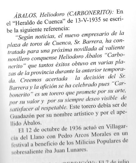 Recorte de la "Historia de la tauromaquia conquense", de Heliodoro Cordente, en la que se cita al padre del nuevo ministro Recorte de la "Historia de la tauromaquia conquense", de Heliodoro Cordente, en la que se cita al padre del nuevo ministro