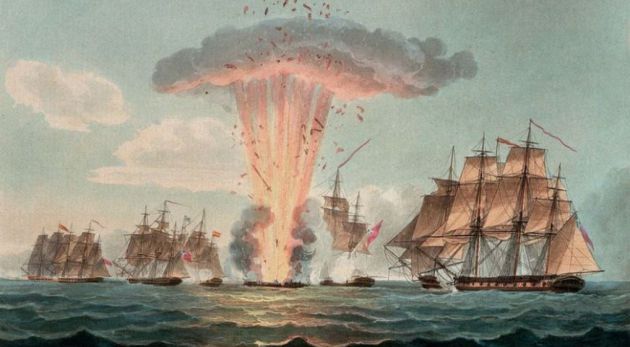 Momento del hundimiento de la fragata Mercedes en 1804. Momento del hundimiento de la fragata Mercedes en 1804.