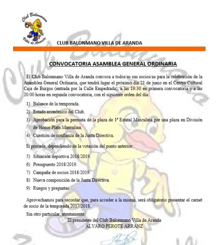 Orden del día de la Asamblea del Villa de Aranda. Orden del día de la Asamblea del Villa de Aranda.