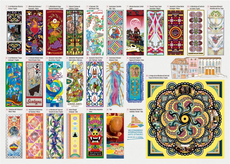 Bocetos de las alfombras que van a hacer cada una de las delegaciones que visitan Elche de la Sierra en el VII Congreso de Arte Efímero Bocetos de las alfombras que van a hacer cada una de las delegaciones que visitan Elche de la Sierra en el VII Congreso de Arte Efímero