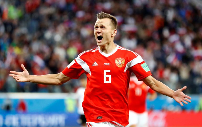 Soccer Football - World Cup - Group A - Russia vs Egypt - Saint Petersburg Stadium, Saint Petersburg, Russia - June 19, 2018 Russia's Denis Cheryshev celebrates scoring their second goal Soccer Football - World Cup - Group A - Russia vs Egypt - Saint Petersburg Stadium, Saint Petersburg, Russia - June 19, 2018 Russia's Denis Cheryshev celebrates scoring their second goal