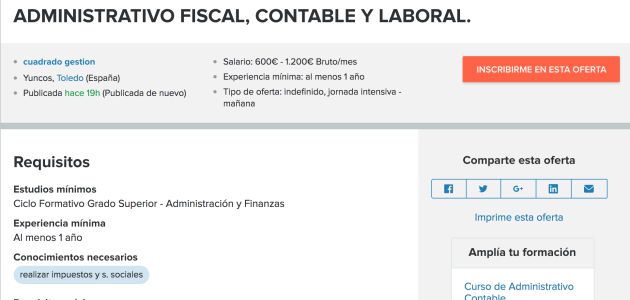 Pantallazo de la oferta de empleo en esta empresa de la localidad toledana de Yuncos Pantallazo de la oferta de empleo en esta empresa de la localidad toledana de Yuncos