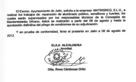 Firma de Rosa Cárdenas encargándole los trabajos a Matinsreg el día 8 de agosto. Firma de Rosa Cárdenas encargándole los trabajos a Matinsreg el día 8 de agosto.